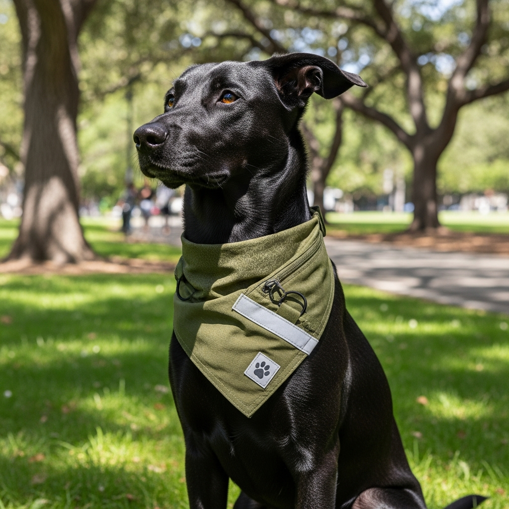 A happy dog wearing a colorful yet functional bandana outdoors.
